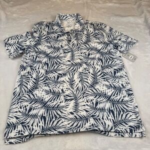 George Mens Tropical Palm Leaf Print Polo Shirt Navy Short Sleeve Large NWT
